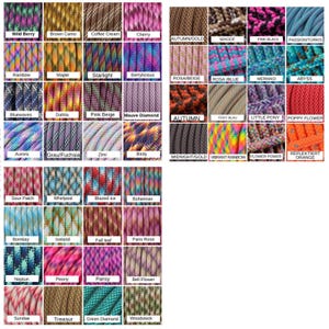 May include: A collection of paracord samples in various colors and patterns. Colors include Wild Berry, Brown Camo, Coffee Cream, Cherry, Rainbow, Maple, Starlight, and more. Each sample is labeled with its name.