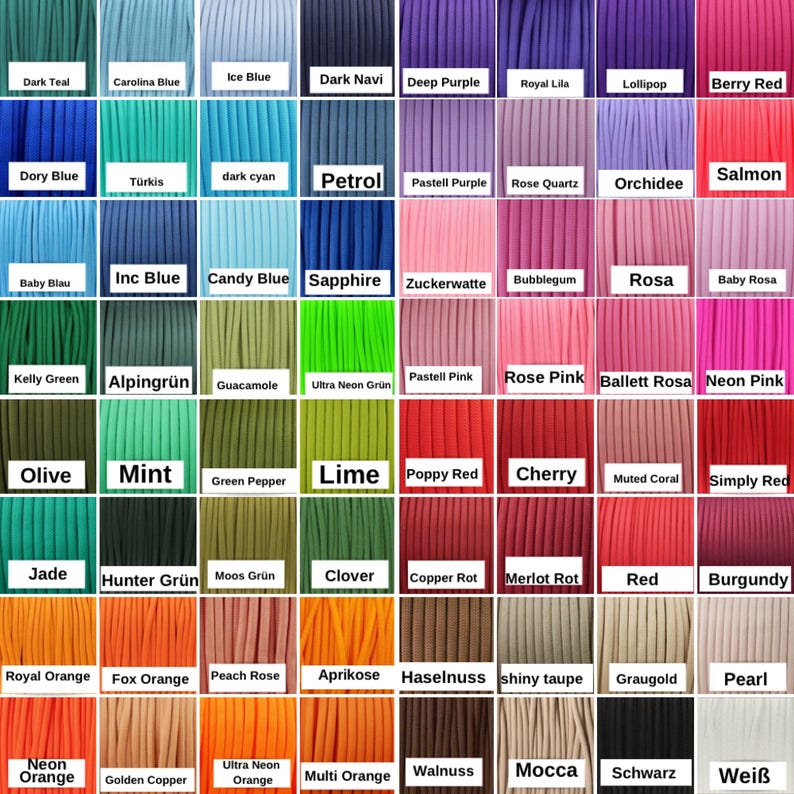 May include: A grid of eighty rectangular swatches displaying various colors of cord, each labeled with its specific color name including Dark Teal, Carolina Blue, Ice Blue, Dark Navi, Deep Purple, Royal Lila, Lollipop, Berry Red, and many others.