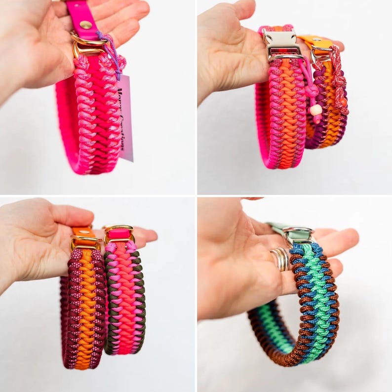 May include: A collection of colorful dog collars in various shades of pink, orange, green, and blue. Each collar features a woven design and a metal buckle. The collars are held up against a white background.