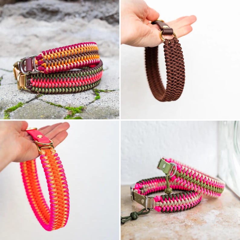 May include: A collection of colorful dog collars. The collars are made of woven cord in various colors, including pink, orange, brown, and green. Each collar has a metal buckle and D-ring for leash attachment. The collars are displayed on a stone surface and held by a hand.