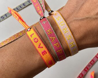 Woven ribbon bracelet, text bracelet, adjustable size, fabric bracelet, festival ribbons, boho style, neon ribbons, friendship bracelets,