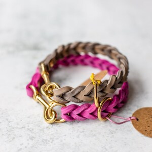 May include: A braided leather dog collar in pink and gray with a gold metal clasp.