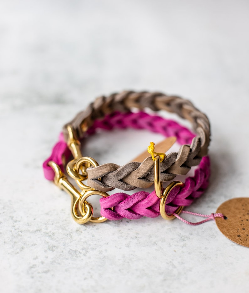 May include: A braided leather dog collar in pink and gray with a gold metal clasp.