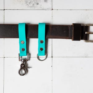 Könnte beinhalten: Ein braunes Lederhundekragen mit zwei türkisblauen Leinen. Eine Leine hat einen silbernen Clip und die andere einen silbernen Ring.