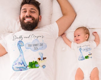 Our First Fathers Day Personalised Boys Baby Grow Vest Matching Daddy T Shirt, Fathers Day 2024, 1st Fathers Day, Dinosaur Fathers Day Gift