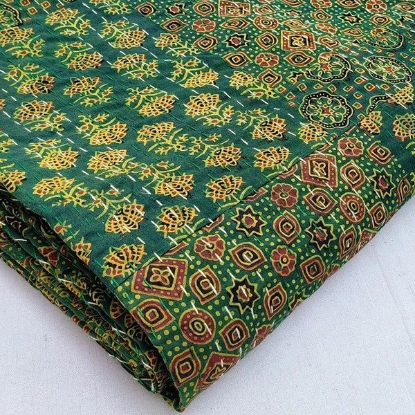 Green ajrakh print patchwork quilt cotton king size quilt patchwork kantha throw patchwork bedspread blanket queen quilt twin kantha quilts