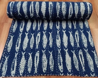 Indian kantha quilts blue fish print quilt cotton bedspread kantha throw quilt Indian blanket queen size quilt