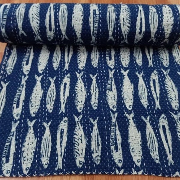 Indian kantha quilts blue fish print quilt cotton bedspread kantha throw quilt Indian blanket queen size quilt