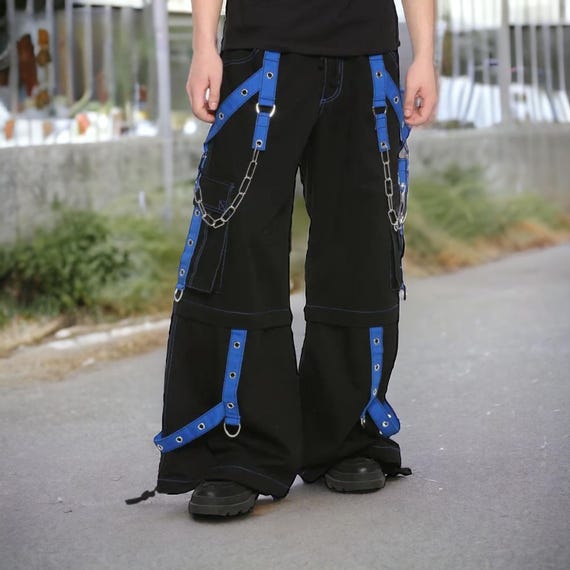 Black and Blue Gothic Pant for Men’s 100% Cotton Cyberpunk Pants Alternative Fashion Blue Straps Zip Off into Shorts Punk Goth Trouser