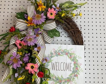 Wildflower Welcome Wreath, Cabana Stripe Bow, Spring Summer Decor