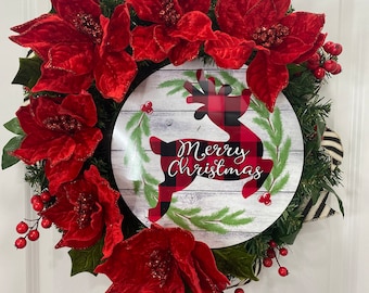 Red Velvet Poinsettia Christmas Wreath, Buffalo Check Reindeer