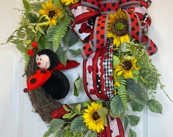 Ladybug Sunflower Wreath: Glittery Red Shoes, Summer Door Decor