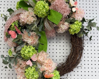 Soft Hued Hydrangea Wreath, Muted Pink Green Florals, Butterfly Accents, Everyday Grapevine