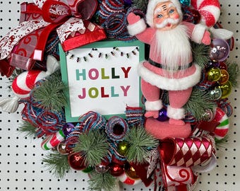Santa Christmas Wreath, Holly Jolly Wreath, retro Santa wreath