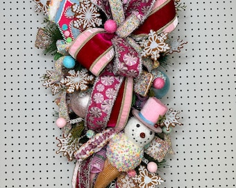 Christmas Snowman Swag, Christmas Wreath for Front Door, Snowman ice cream Swag, Candy theme Holiday Swag