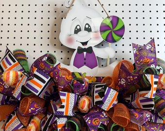 Halloween Ghost Wreath: Purple Vest, Candy Corn Decor