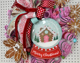 Gingerbread House Christmas Wreath, Front Door Holiday Decor