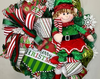 Christmas Elf Wreath, Holiday Front Door Decor