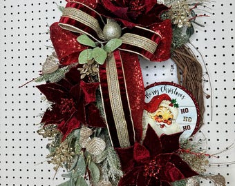 Retro Santa Christmas Wreath, Velvet Poinsettia, Front Door Decor