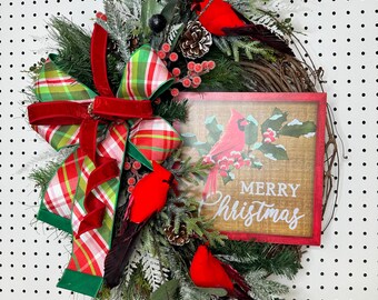Christmas Cardinal Wreath, Christmas Wreath for Front Door
