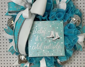 Winter Skating Wreath, Aqua and Silver Front Door Decor