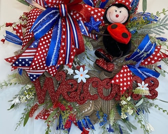 Lady Bug summer Wreath, Patriotic ladybug Wreath, Patriotic Wreath, Everyday Wreath, Front Door Wreath, Combination Holiday and Patriotic