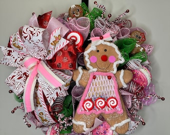 Gingerbread Girl Christmas Wreath, Candy Land Holiday Decor