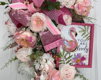 Pink Flamingo Floral Wreath: Valentines Front Door Decor
