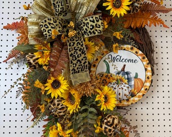 Cascading Sunflower Fall Wreath: Cheetah Print Pumpkins, Welcome Sign