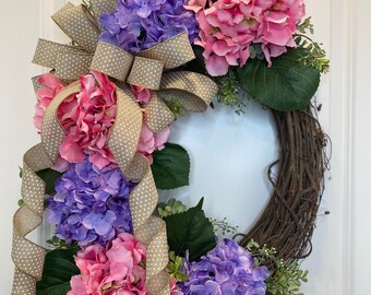 Everyday Wreath, Hydrangea Wreath, Front Door Wreath, Gift for Mom, Pink and Purple Floral Wreath, Housewarming Gift