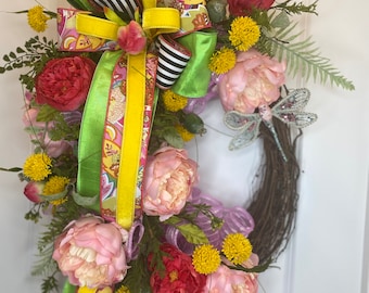 Front Door Wreath, Summer Wreath, Housewarming gift, Peonies and Mums Wreath