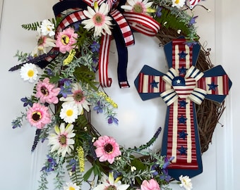 Front door Wreath, Patriotic Wreath, Memorial wreath, July 4th Wreath, Everyday Patriotic Wreath, Cross Wreath, Everyday Summer Wreath