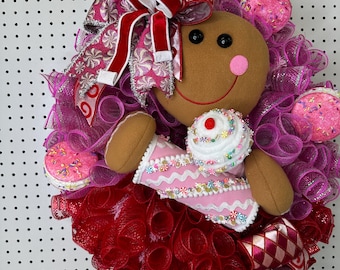 Gingerbread Girl Christmas Wreath, Holiday Candy Decor
