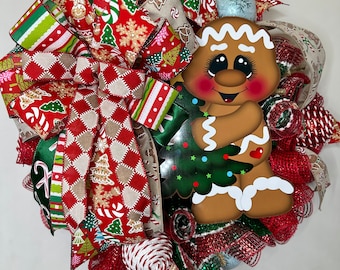 Gingerbread Christmas Wreath, Holiday Front Door Decor