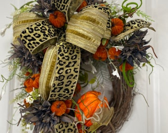 Pumpkin Fall Wreath, Velvet Pumpkins, Cheetah Print Bow