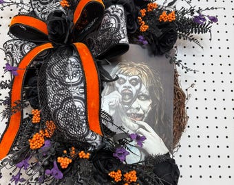Gothic Halloween Horror Wreath: Black Roses & Orange Foliage