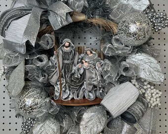 Nativity Christmas Wreath, Silver Magnolia, Crystal Ornaments