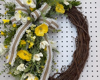 Yellow Wildflower Front Door Wreath: Burlap Lace Ribbon