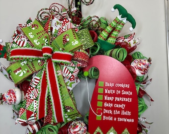 Elf Christmas Wreath, Red and Lime Green Christmas Wreath