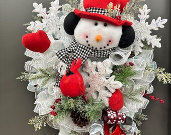 Christmas Wreath, Winter Snowman Wreath, Christmas Front Door Wreath, Christmas Snowman Wreath, Red, Cardinal Winter Wreath