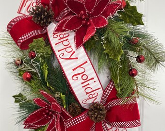 Red Velvet Poinsettia Christmas Wreath, Holiday Pinecone Decor