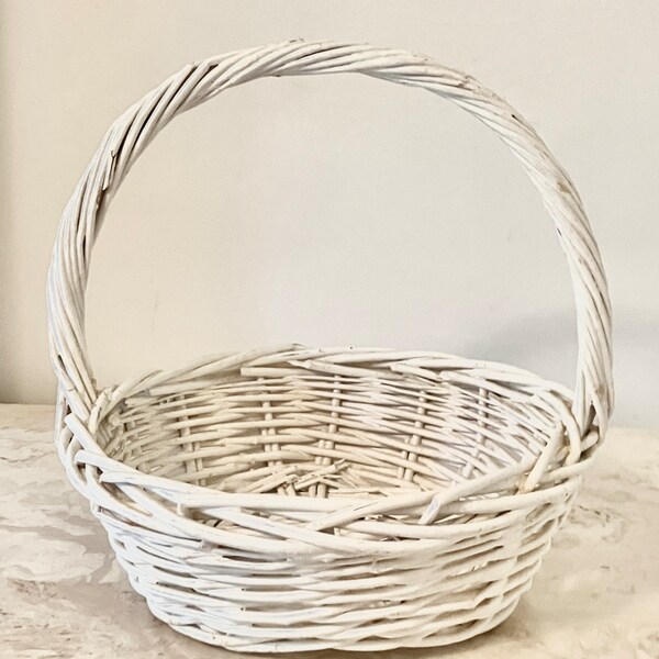 Vintage Medium Round White Wicker Braided Rim Basket