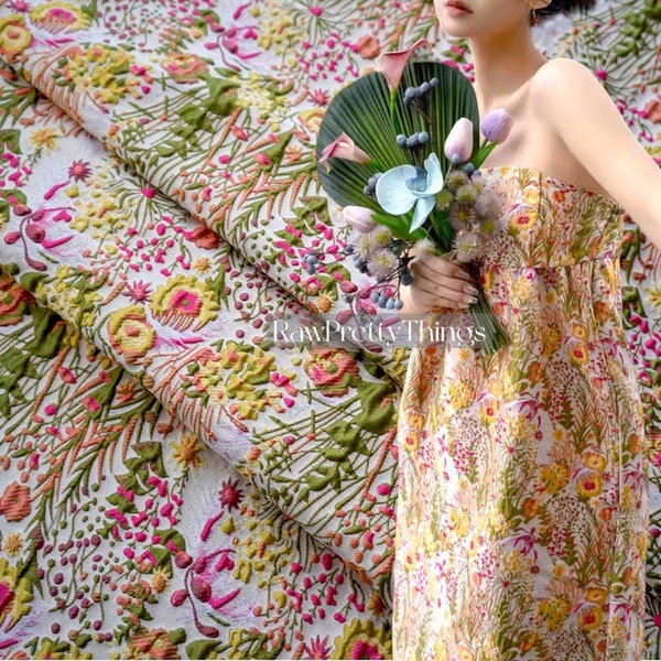 57" brede wilde planten jacquard cloqué stof, 3D kunst brokaat, kwaliteit kostuum draperie ambachten DIY naaien stof