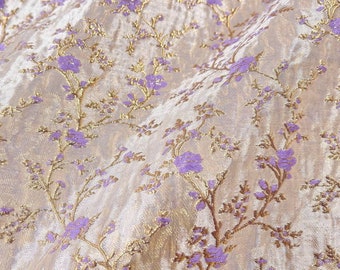 57" Wide Pearl Glossy Gold Shimmery Purple Floret Jacquard Brocade, Quality Costume Drapery Upholstery Crafts DIY Sewing Fabric