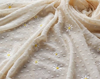 Swiss Knot Daisy Embroidery Half Sheer Chiffon in Beige Cream, Quality Dress Clothing Drapery Craft DIY Sewing Fabric