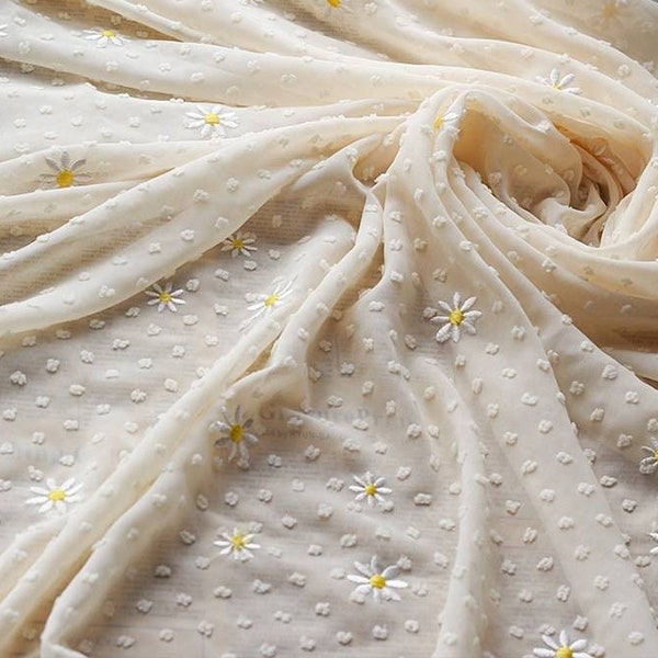 Swiss Knot Daisy Embroidery Half Sheer Chiffon in Beige Cream, Quality Dress Clothing Drapery Craft DIY Sewing Fabric