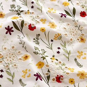 55" Wide Botanical Print Embroidered Eyelet Cotton Fabric, Quality Apparel Drapery Crafts DIY Sewing Fabric