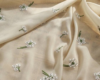 White Hydrangea Flower Embroidery Sheen Chiffon Fabric, Quality Dress Clothing Drapery Craft DIY Sewing Fabric