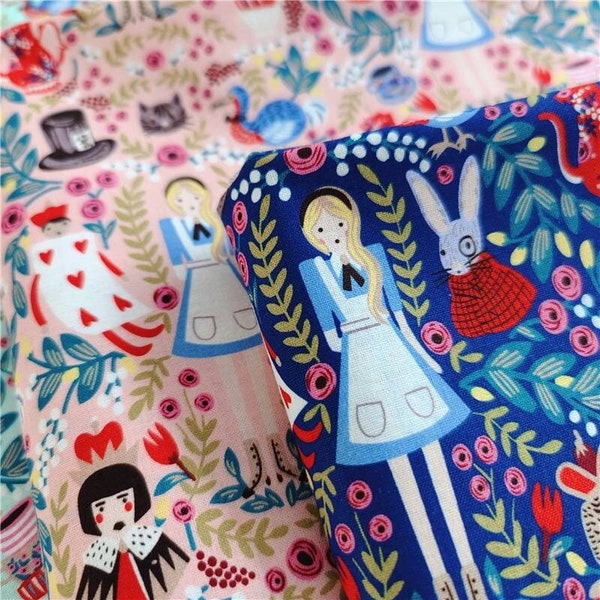 Tissu en coton à impression numérique Alice au pays des merveilles de 43 po. de large, coton à impression bande dessinée créative, tissu à coudre bricolage pour vêtements de qualité