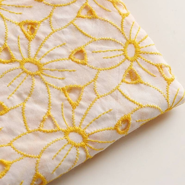 49" Wide Vintage Yellow Floral Scalloped Edge Embroidered Eyelet Cotton Fabric, Quality Apparel Drapery Crafts DIY Sewing Fabric